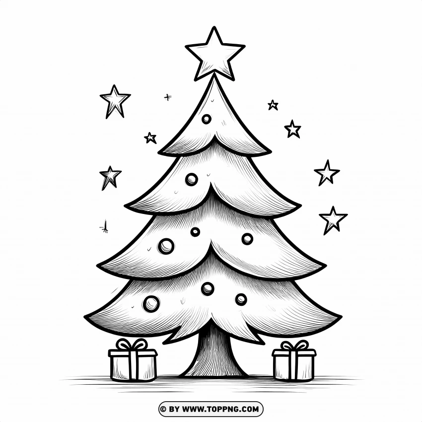 Cartoon Christmas Tree Drawing With Gifts And Starry Outline PNG Transparent Background