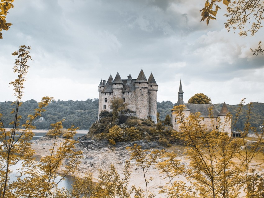 Castle Branches Leaves Lake Architecture Background