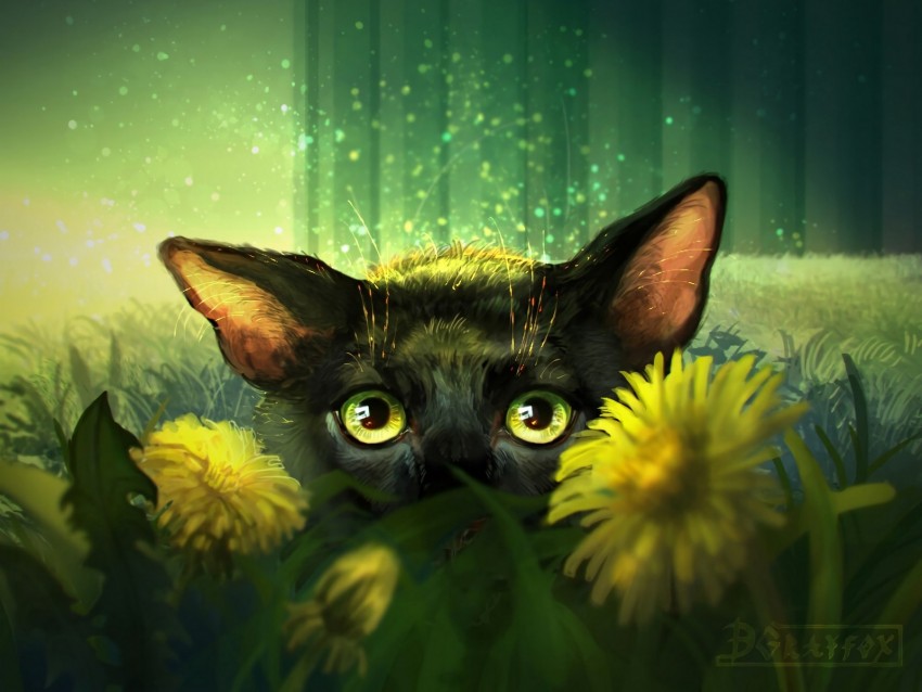 cat, flowers, art, eyes, glance