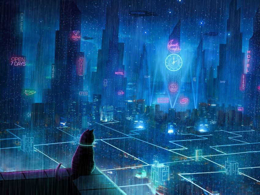 Cat Roof City Neon Lights Metropolis Future Cyberpunk Background