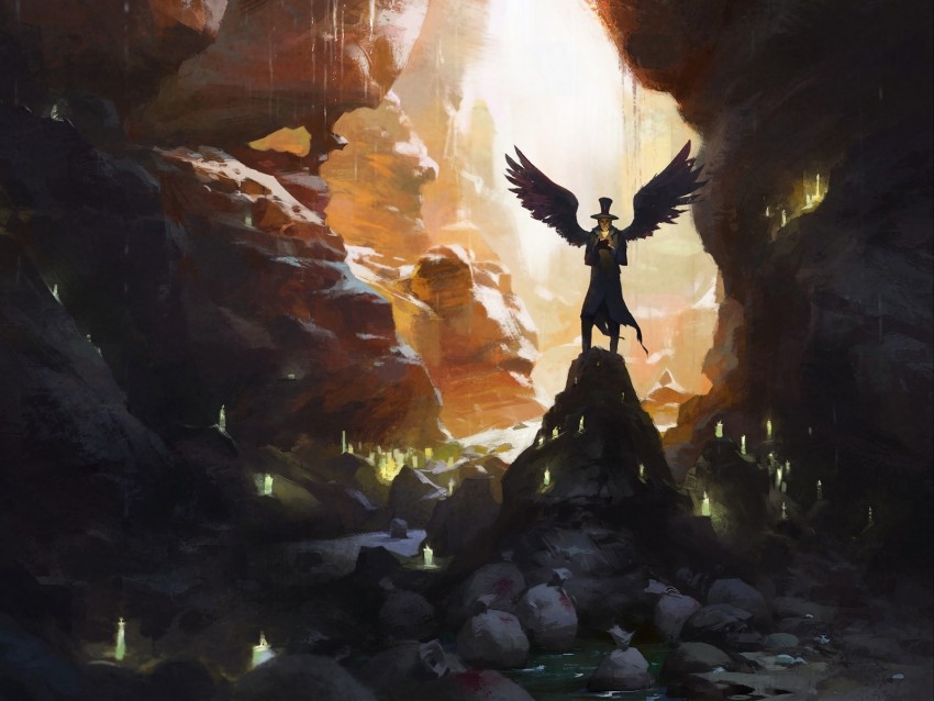 fantasy artwork, angelic figure, mystical canyon, dramatic lighting, ethereal landscape