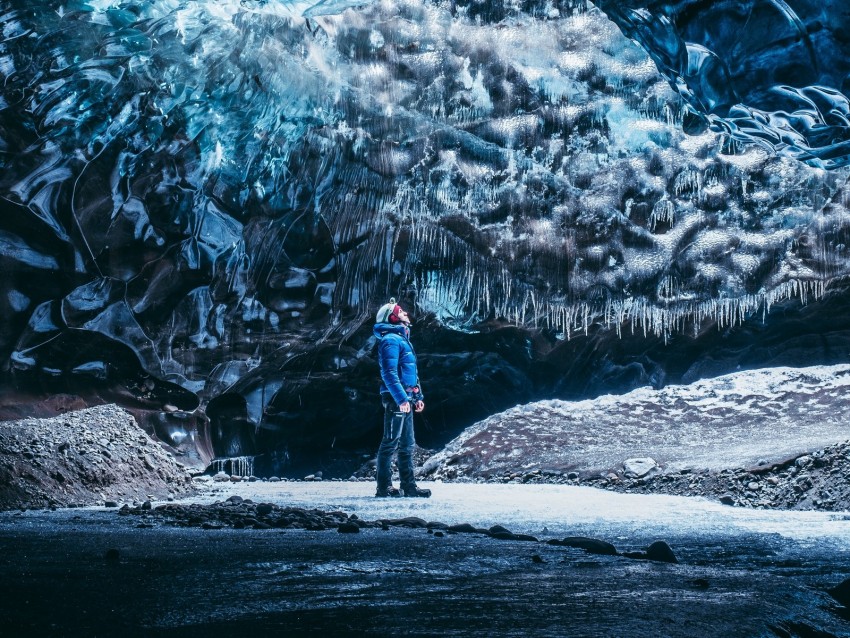 cave, ice, glacier, man, journey