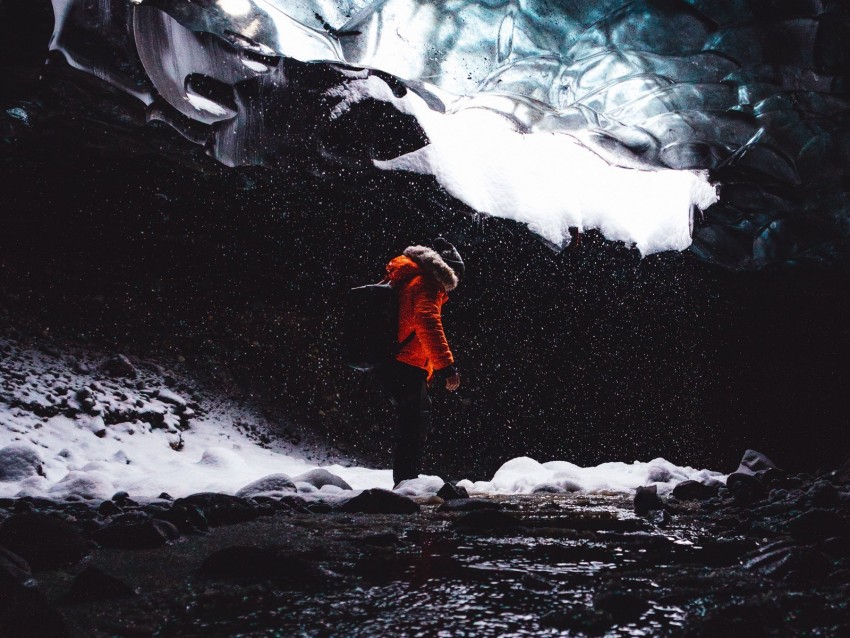 Cave Ice Man Tourist Floe Snow Background