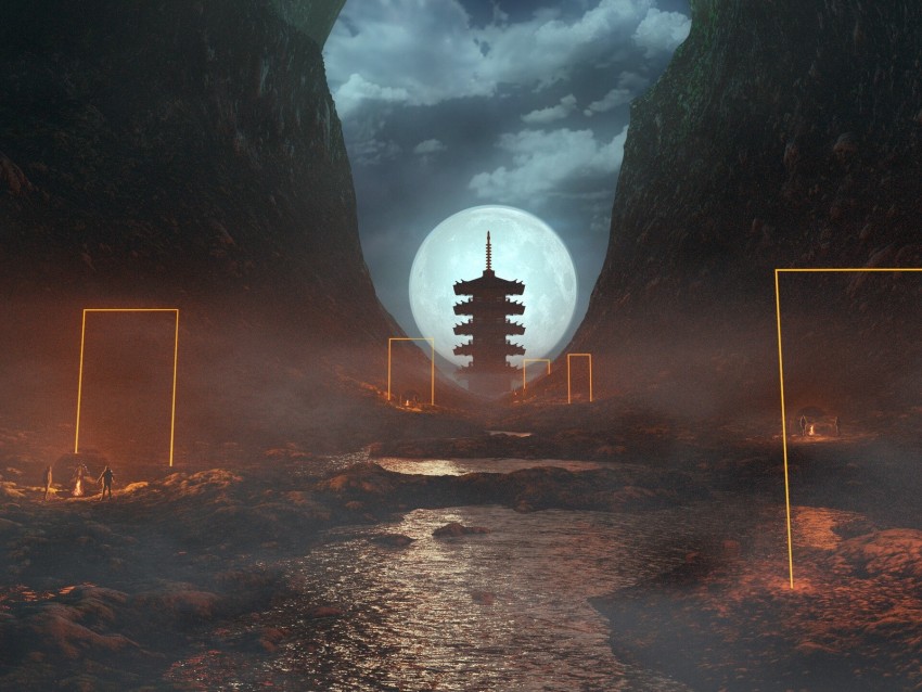 Cave Pagoda Moon Night Fog Background