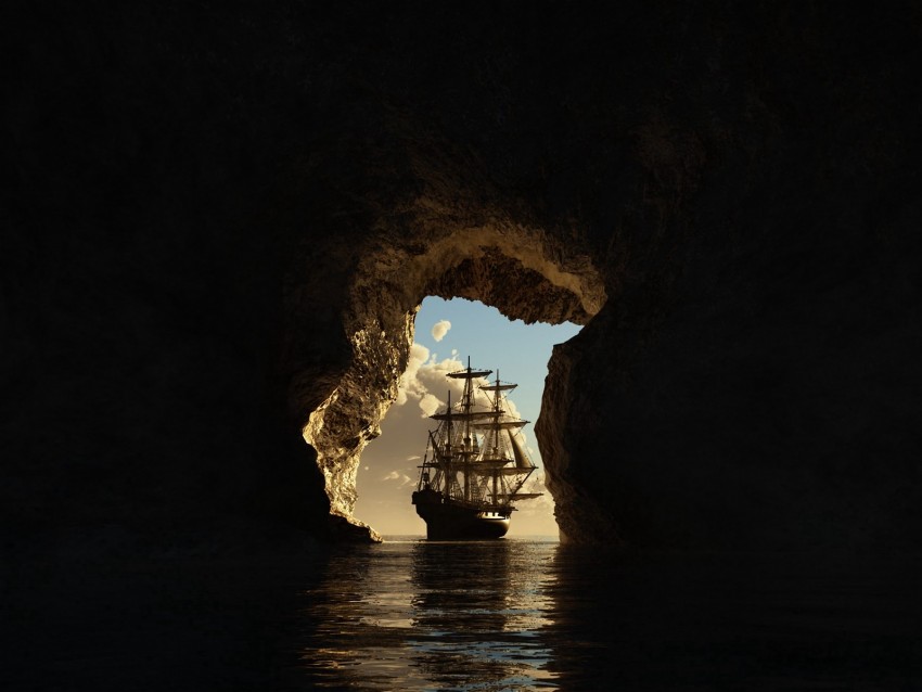 cave, ship, sea, art, dark