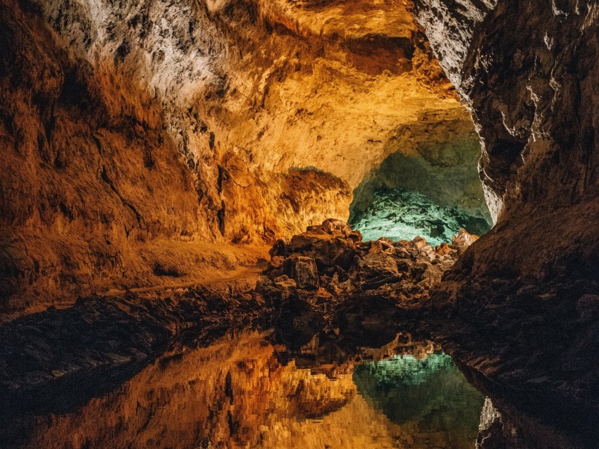 Cave Water Reflection Stone Inside Volcanic Cueva De Los Verdes Canary Islands Spain Background