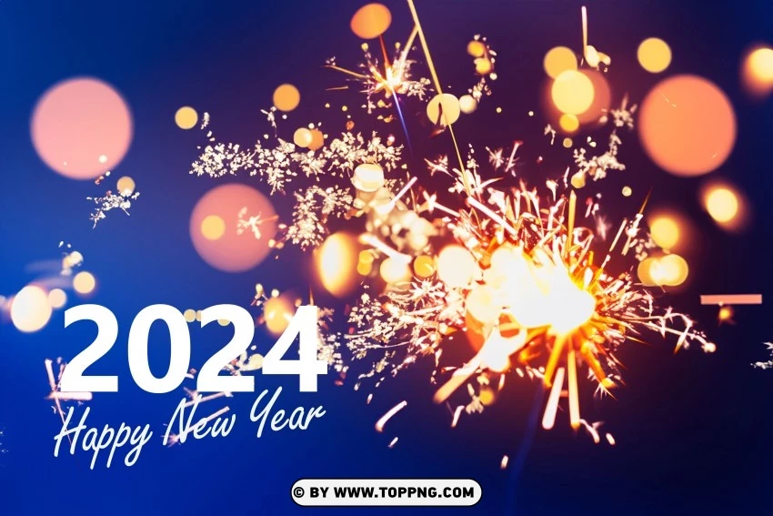 Celebrate 2024 With Elegance Premium Greeting Card Featuring Sparklers And Bokeh Lights PNG Transparent Background