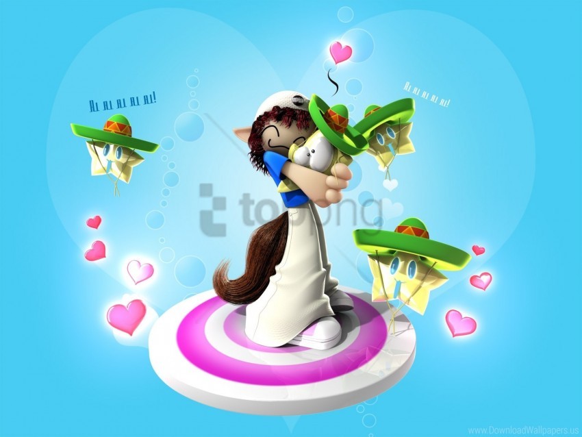 cartoon character, cute animal, heart theme, playful scene, colorful background, animated hug, cheerful expression