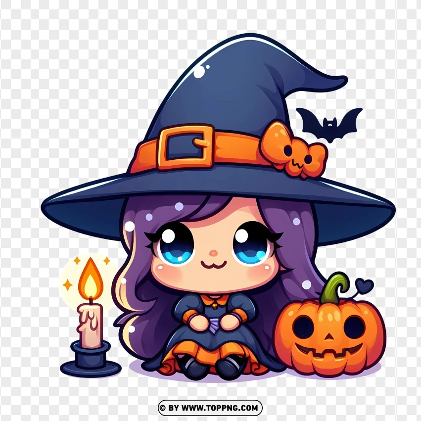 Adorable cartoon girl dressed as a witch with a large hat, sitting next to a glowing candle and a jack-o'-lantern, with a bat flying above png