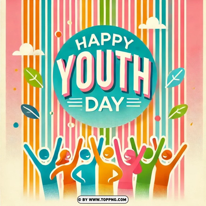 Cheerful Happy Youth Day Poster - Pastel Stripes With Joyful Silhouettes PNG Transparent Background