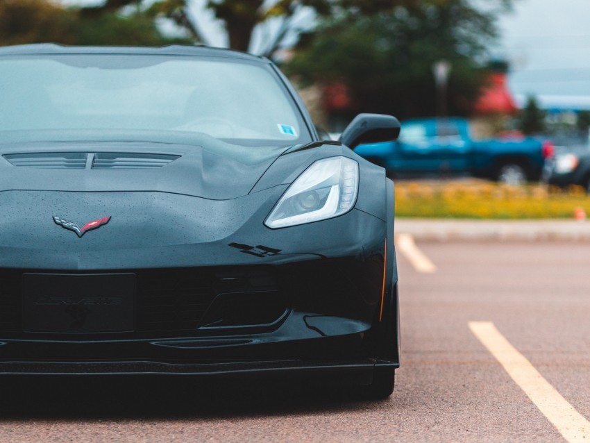 Chevrolet Corvette Car Sportscar Black Front View Background