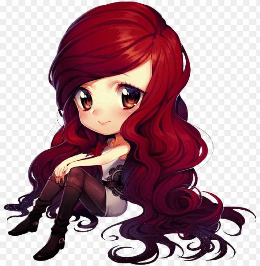 anime girl, red hair, cute character, sitting pose, illustrated figure, cartoon style, stylish outfit