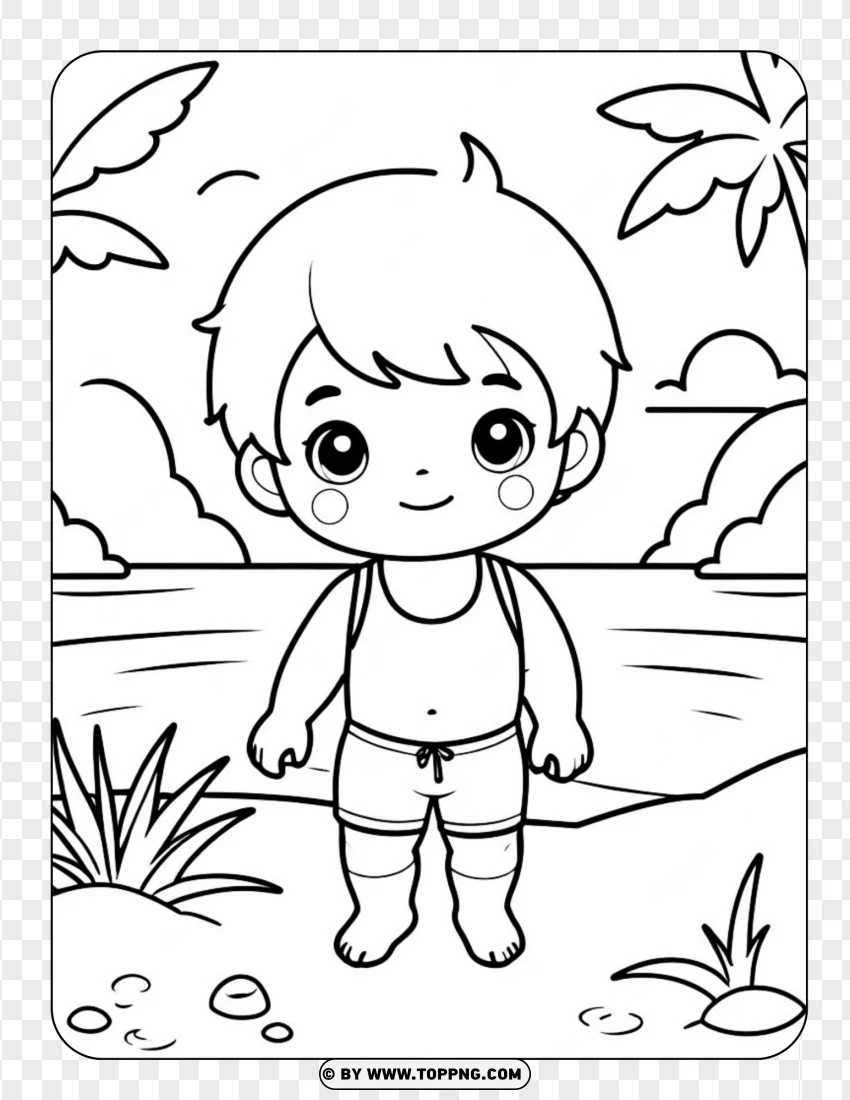 Chibi Character,    Summer Coloring page ,    Summer Outline,Kawaii,    sandy,     Cartton,     Landscape