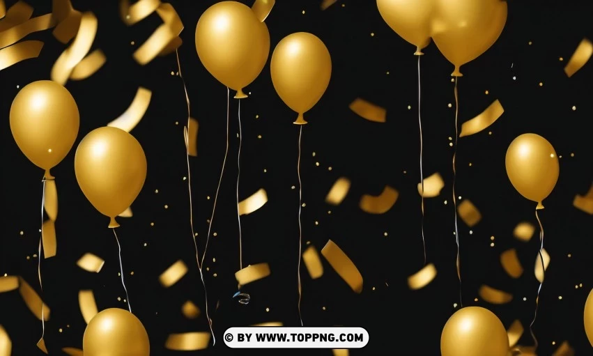 Festive golden balloons, Confetti celebration backdrop, Blurred bokeh party background, Golden inflatable balloons decor, Festive event ambiance, Confetti-filled background, Luxury party scene