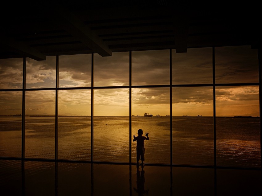 child, window, silhouette, sea, clouds, sunset