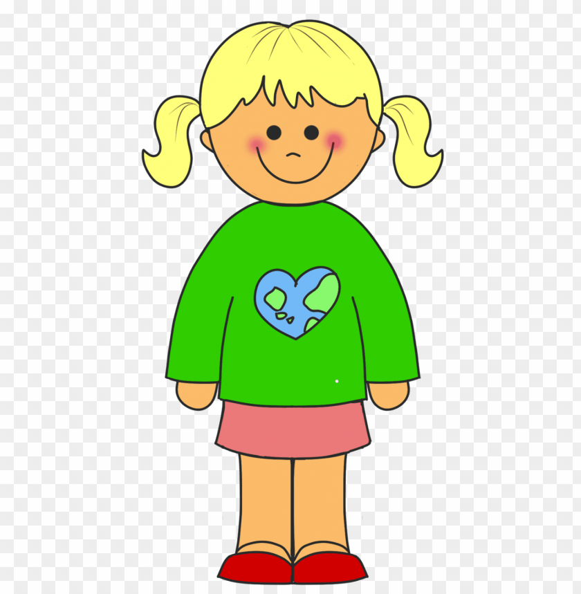 cartoon character, girl, blonde hair, green shirt, heart design, playful illustration, pink skirt