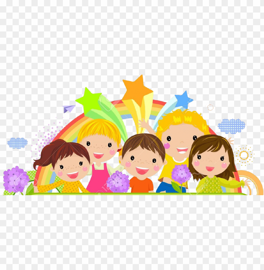 children, colorful stars, rainbow, flowers, smiling faces, joyful expressions, playful atmosphere