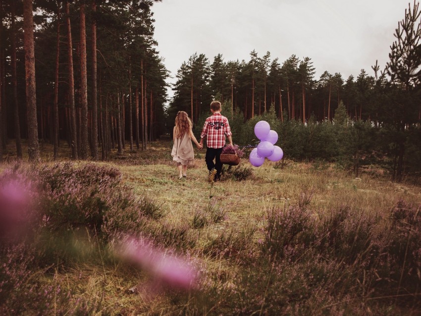 children, walk, couple, childhood, mood, balloons, basket