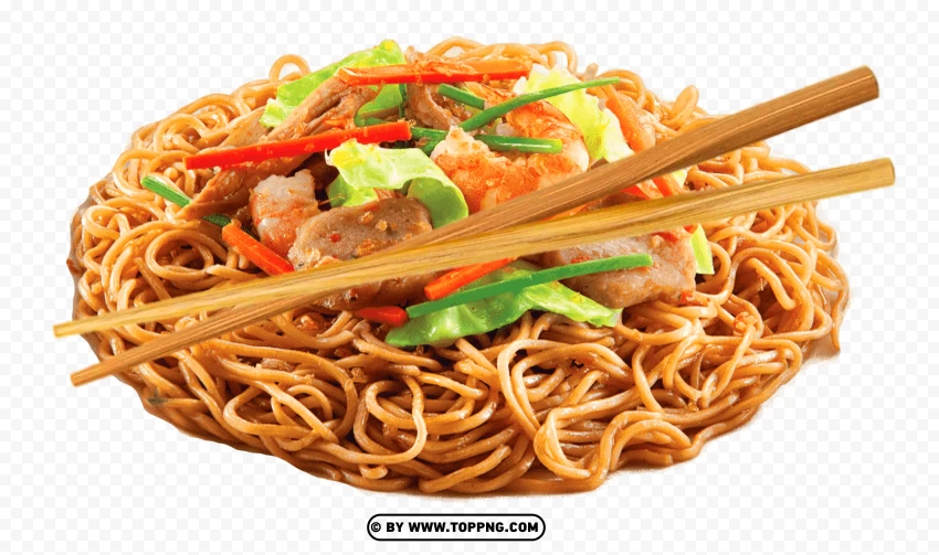 Chinese Fusion Spaghetti Pasta Plate With Chopsticks PNG Transparent Background