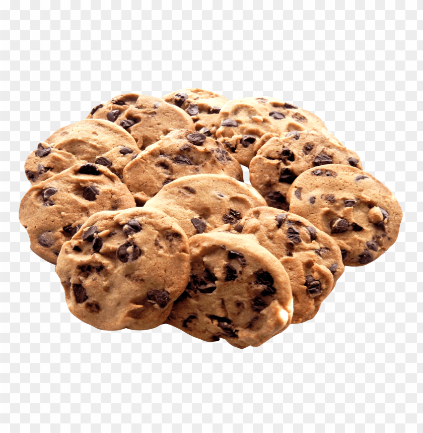 A pile of chocolate chip cookies on a transparent background