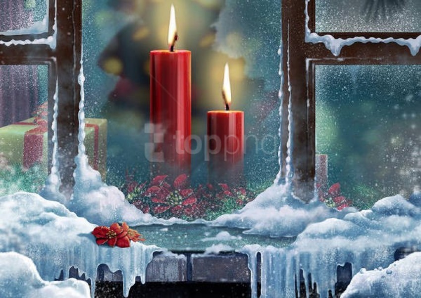 candles, winter scenery, snowflakes, festive decor, red candles, holiday decorations, frosty window