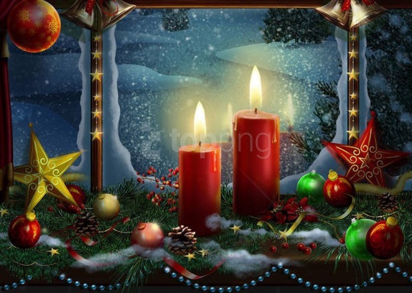 Christmas decorations, red candles, holiday ornaments, pine cones, green foliage, festive stars, snowy landscape