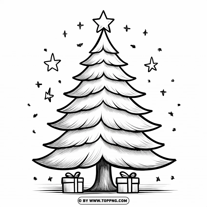 Christmas Tree Cartoon Black And White With Gifts And Stars PNG Transparent Background