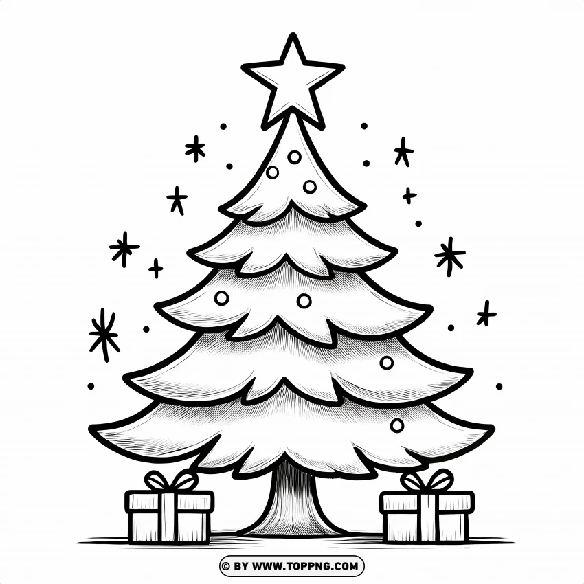 Christmas Tree Cartoon Drawing With Simple Black And White Details PNG Transparent Background