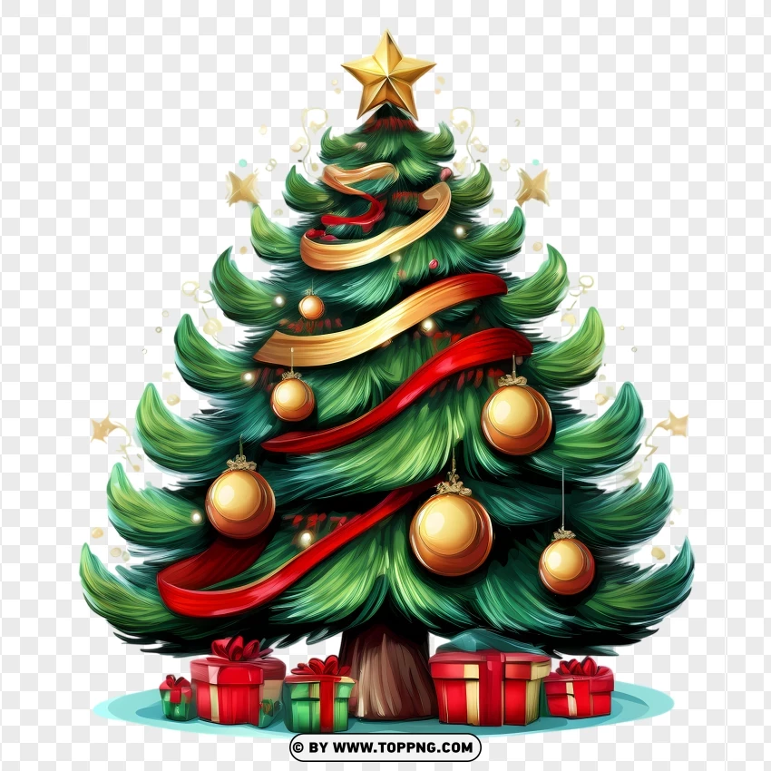 Christmas Tree With Gifts And Golden Ornaments PNG Transparent Background