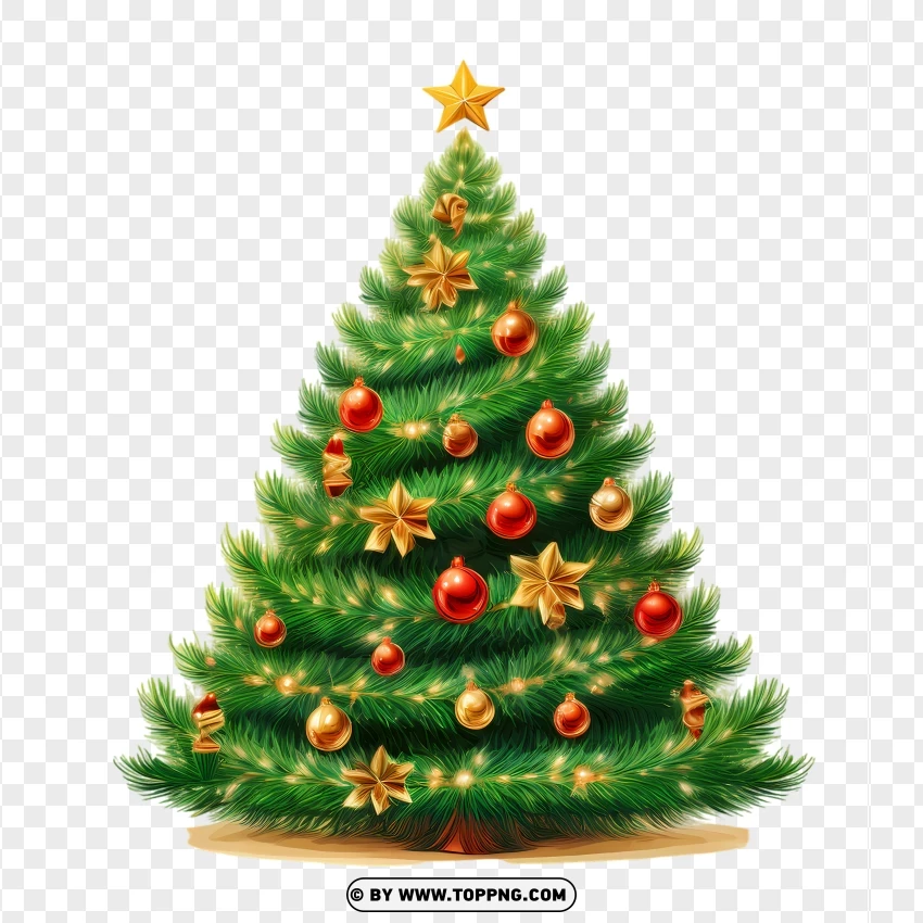 Christmas Tree With Golden Star And Ornaments PNG Transparent Background