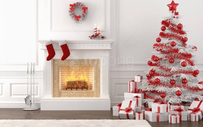 Christmas decorations, holiday tree, red stockings, white fireplace, wrapped gifts, festive ornaments, seasonal wreath