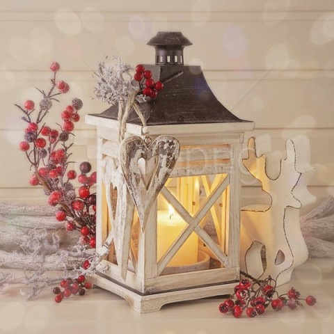 lantern, decorative light, winter decor, holiday decoration, rustic charm, red berries, wooden ornament