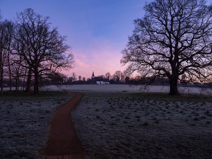 Church Sunset Trees Grass Frost Background