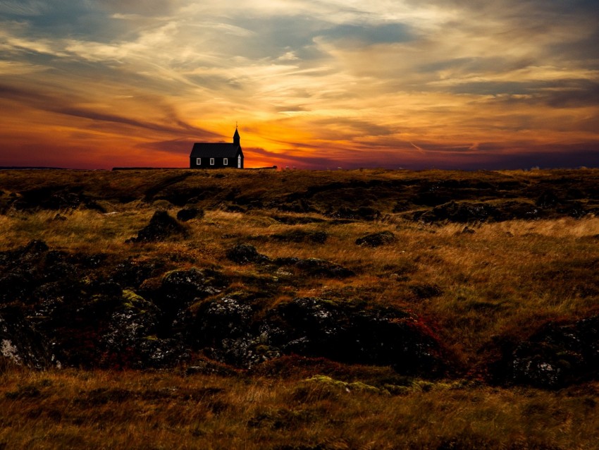 Church Temple Horizon Sunset Grass Sky Iceland Background