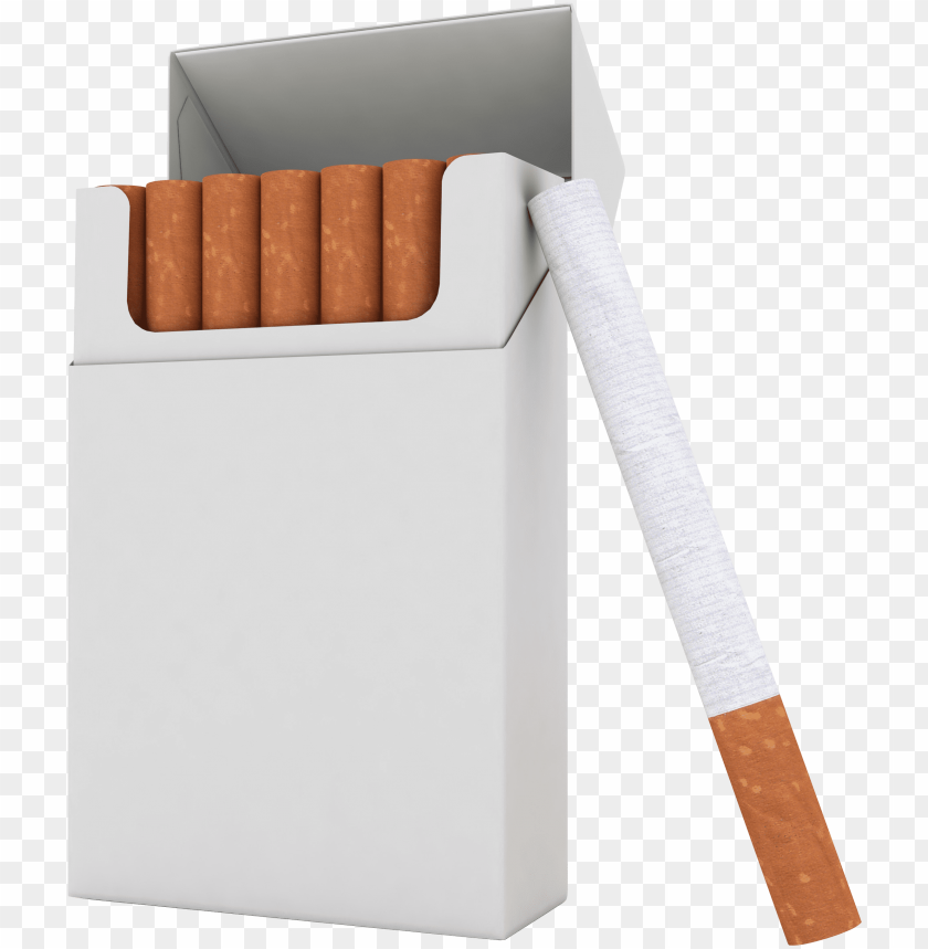 Open pack of cigarettes with one cigarette outside, on transparent background.