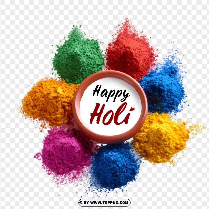 Circular Arrangement Of Holi Powders With Happy Holi Text In The Center PNG Transparent Background