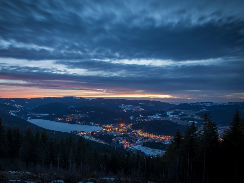 City Aerial View Mountains Night Twilight Landscape Background