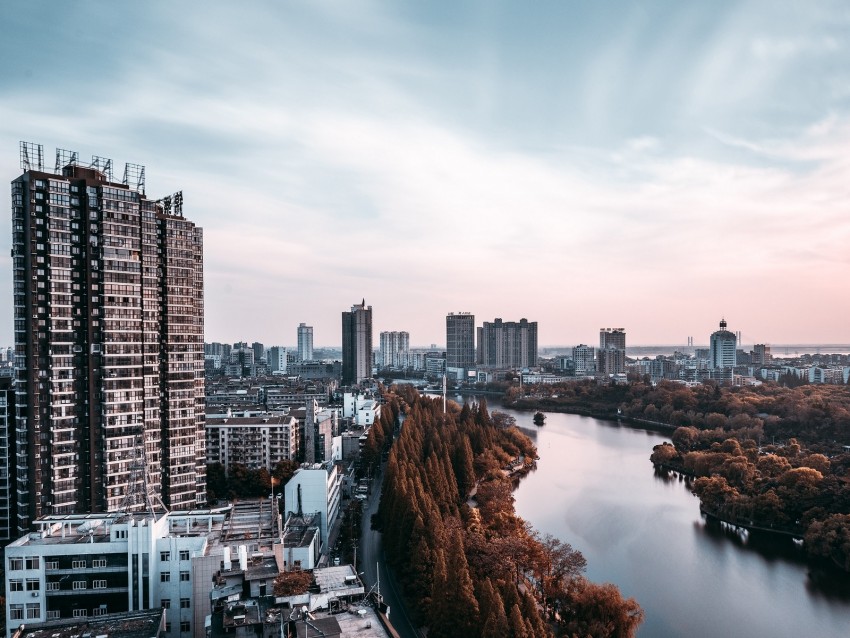 City Aerial View River Trees Sky Background