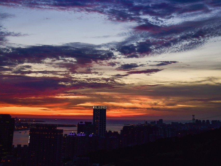 city, aerial view, sunset, dusk, view, overview