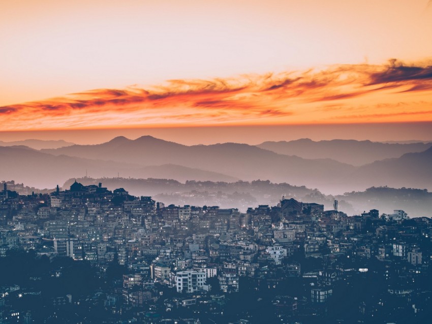 City Aerial View Sunset Fog Sky Background