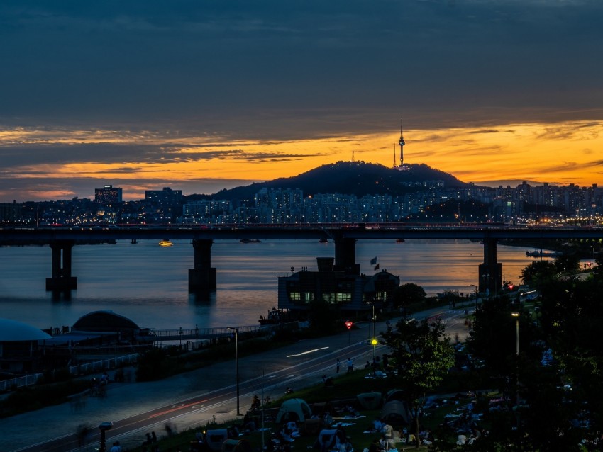 City Bridge River Road Hill Evening Twilight Background