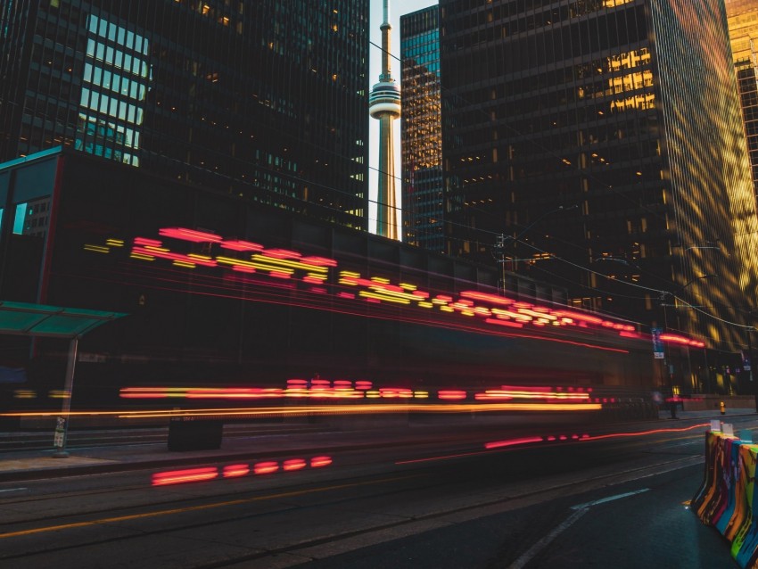 city, buildings, lights, movement, road, long exposure