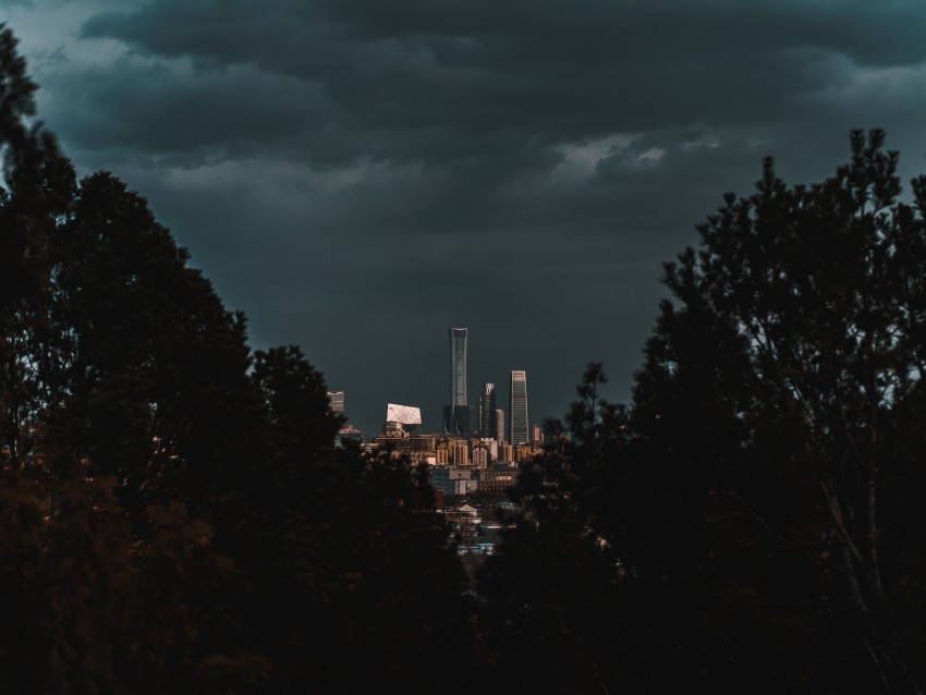 city, buildings, trees, clouds, dark