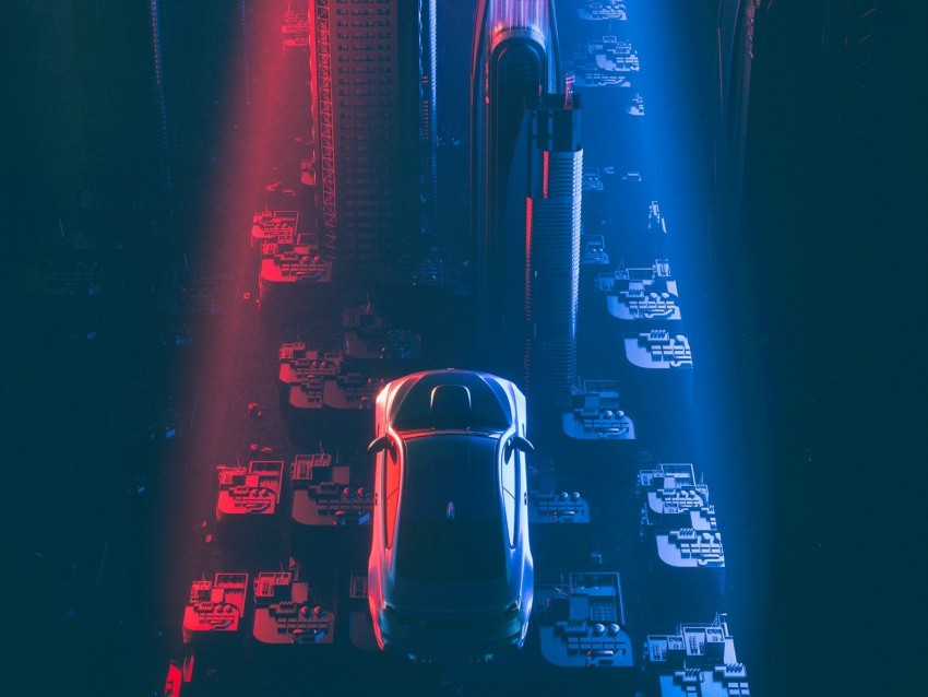 city, car, flight, skyscrapers, futurism, cyberpunk, sci-fi