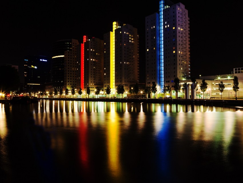 City Embankment Lights Colorful Reflection Buildings Background