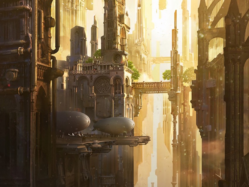 city, fantasy, art, architecture, buildings, airships