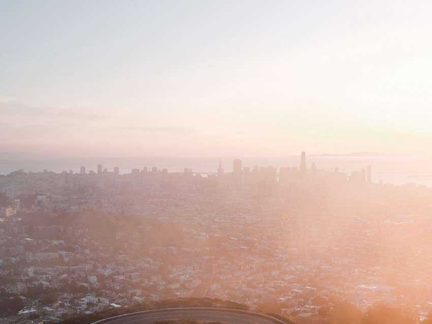 city, fog, aerial view, dawn, cityscape