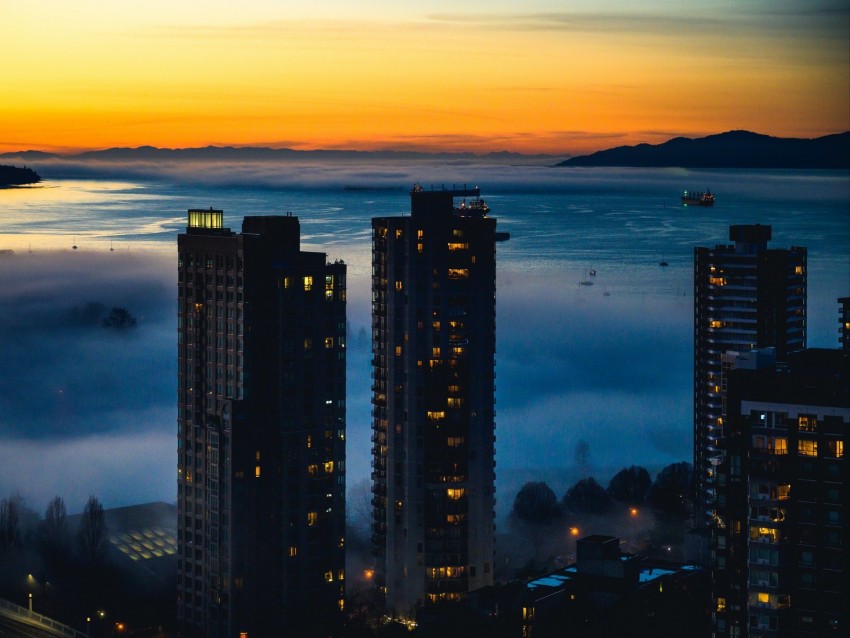 City Fog Harbor Twilight Skyscrapers Buildings Background