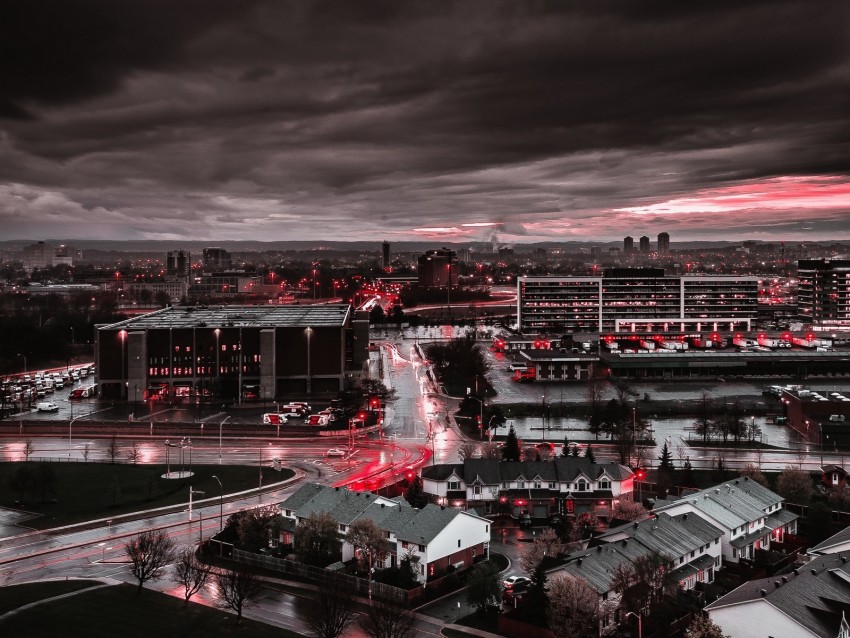 city, gray, wet, after rain, lights, red, contrast