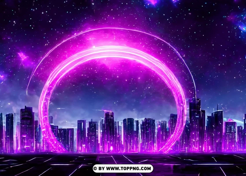 City Lights Symphony Futuristic Purple Neon Ring Center Wallpaper Flare PNG Transparent Background